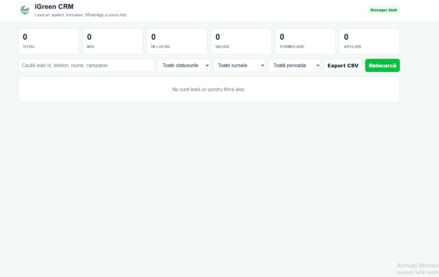 iGreen CRM dashboard pentru tracking lead-uri