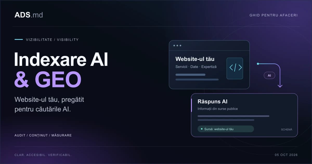 Ilustrație editorială: Indexare AI & GEO: cum ajută afacerile și cum implementăm serviciul