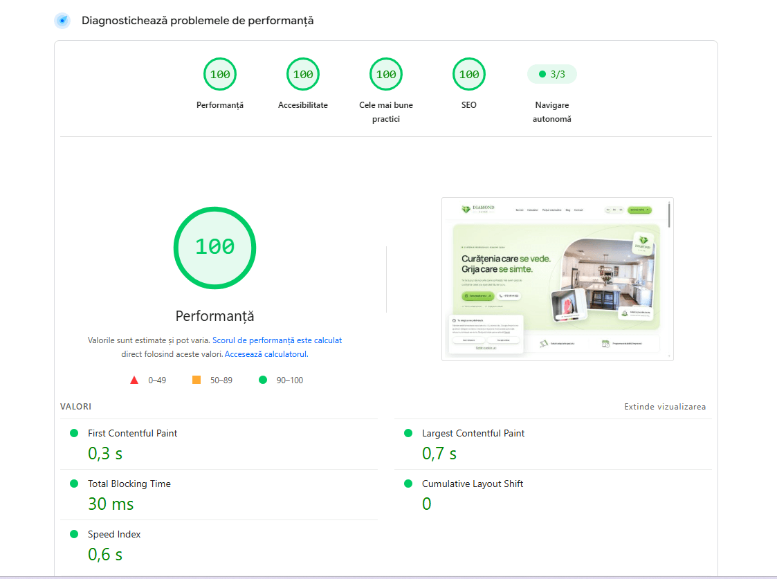 Diamond Clean in PageSpeed Insights on desktop: performance 100, accessibility 100, best practices 100 and SEO 100