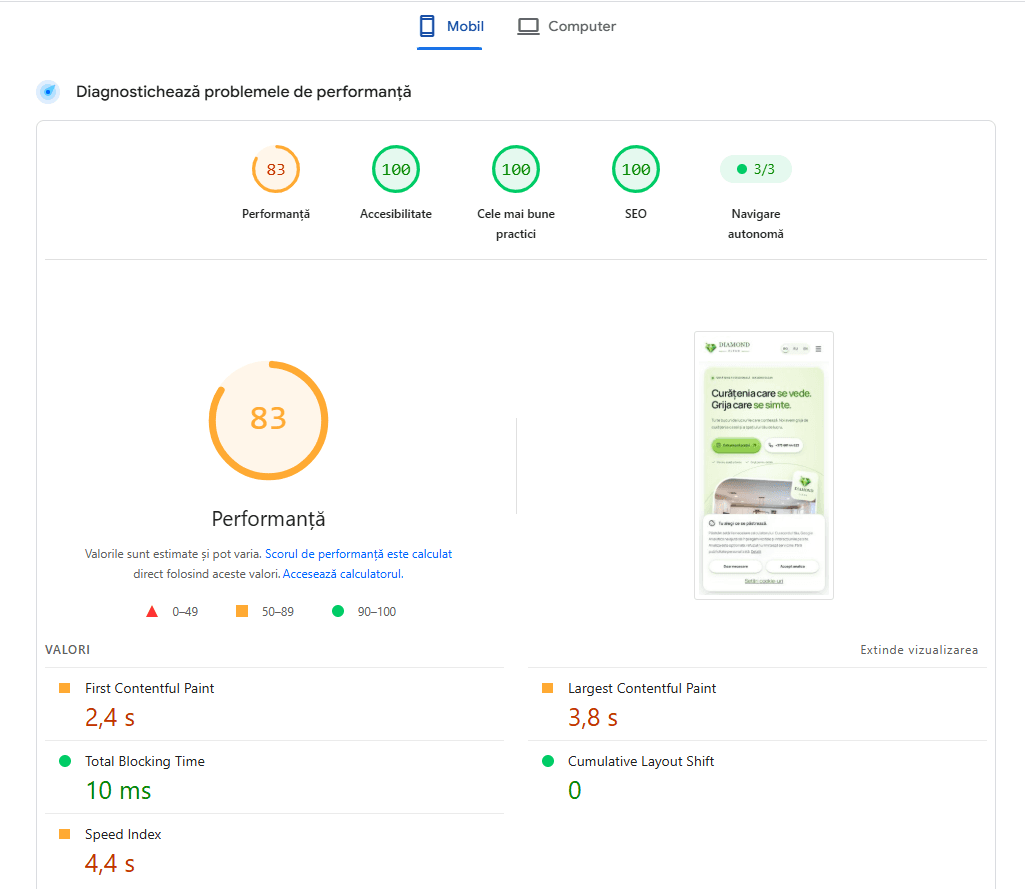 Diamond Clean in PageSpeed Insights on mobile: performance 83, accessibility 100, best practices 100 and SEO 100