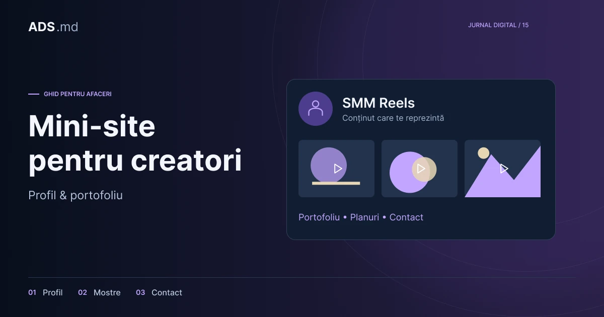 Ilustrație editorială: Mini-site pentru creatori: portofoliu, planuri și contact clar