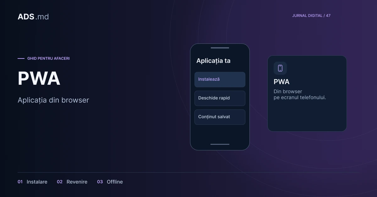 Ilustrație editorială: PWA pentru afaceri: instalare, revenire și funcționare offline