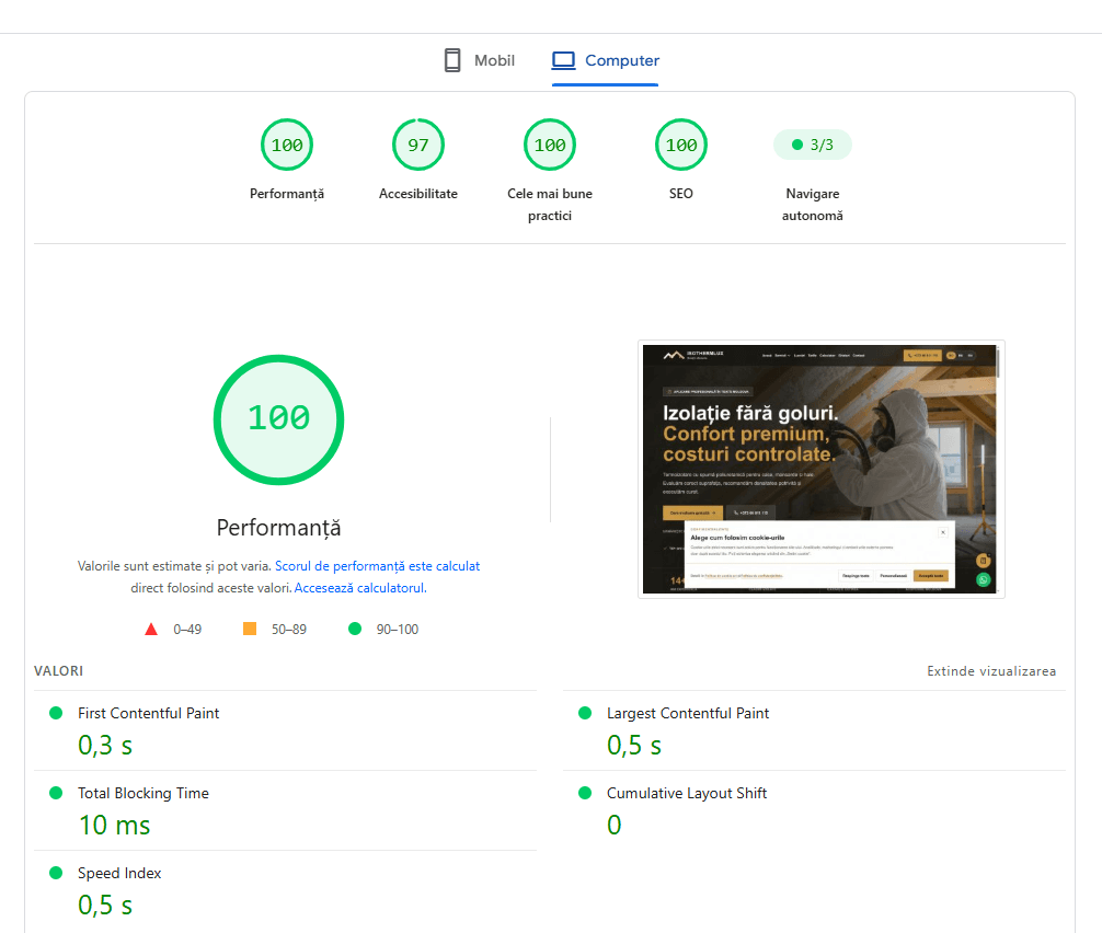 IsoThermLux în PageSpeed Insights pe desktop: performanță 100, accesibilitate 97, bune practici 100 și SEO 100