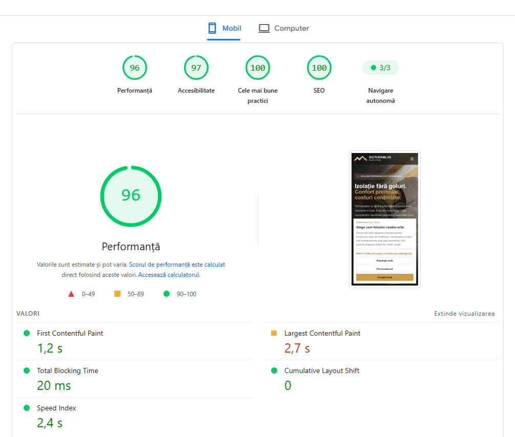 IsoThermLux in PageSpeed Insights on mobile: performance 96, accessibility 97, best practices 100 and SEO 100