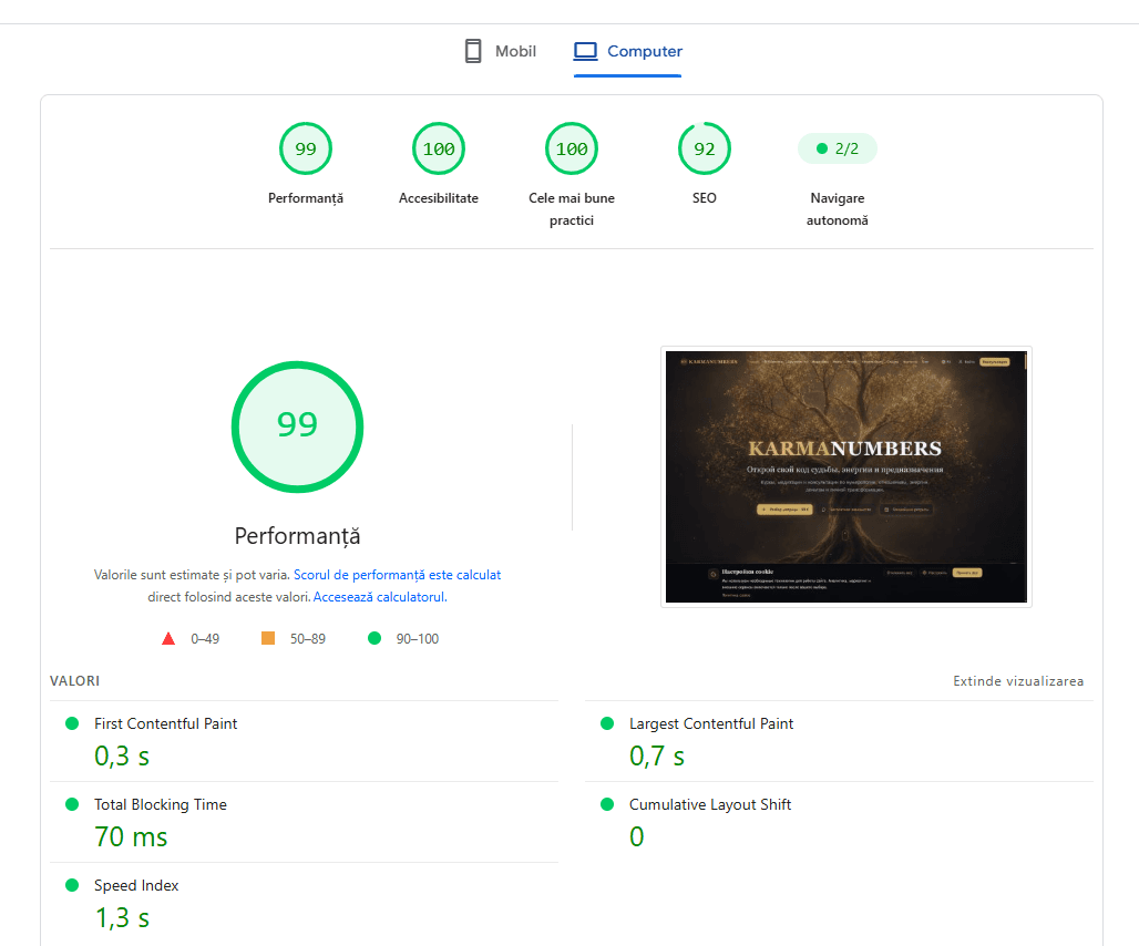 KarmaNumbers în PageSpeed Insights pe desktop: performanță 99, accesibilitate 100, bune practici 100 și SEO 92