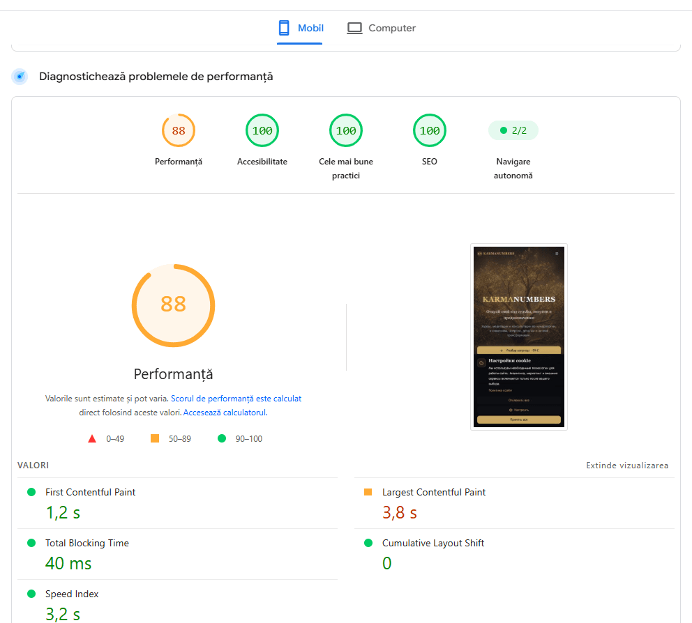 KarmaNumbers în PageSpeed Insights pe mobil: performanță 88, accesibilitate 100, bune practici 100 și SEO 100