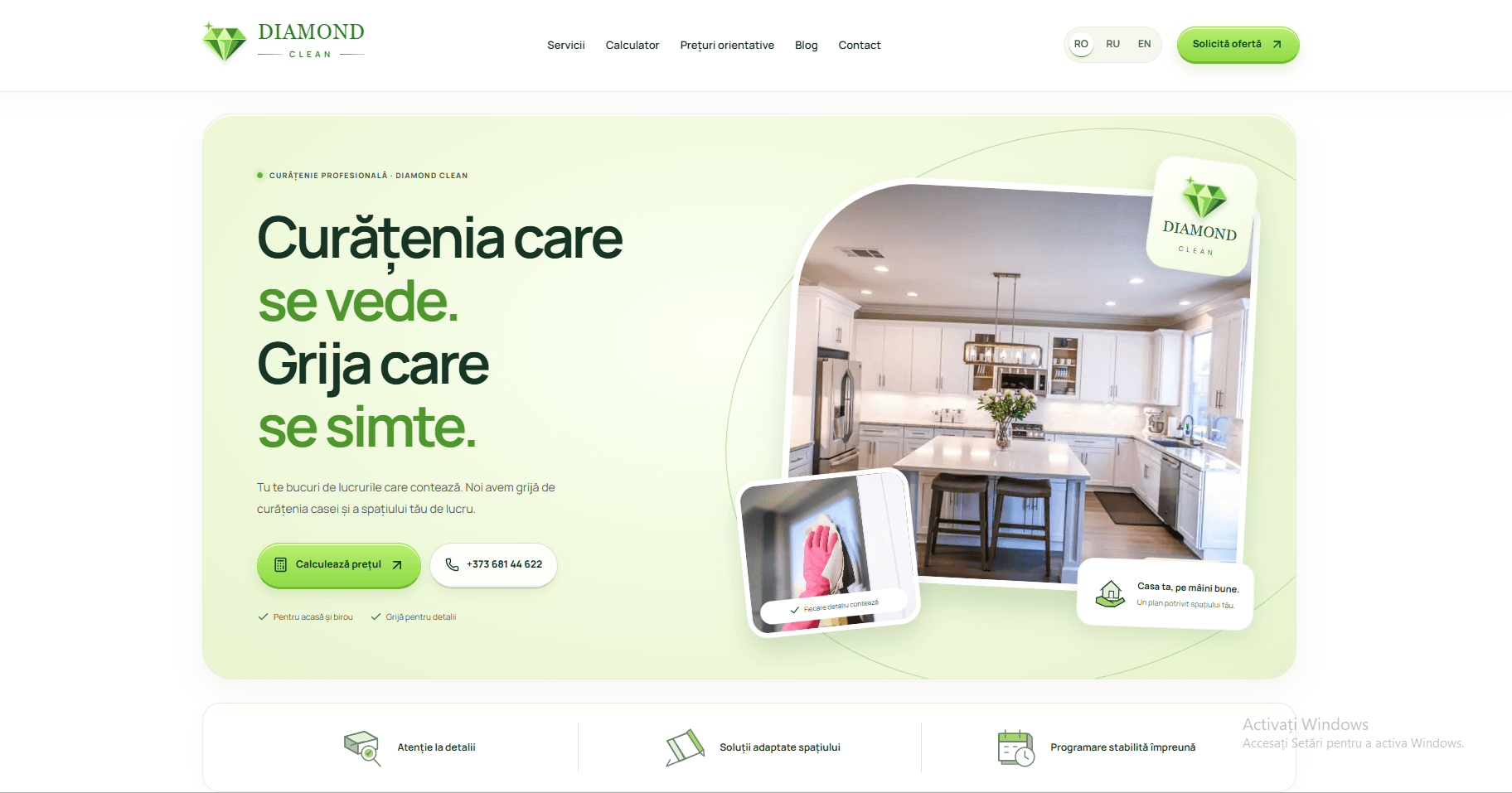 Diamond Clean homepage with a premium green cleaning website design